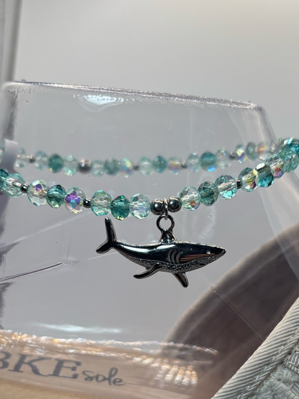 *ANKLET* S. Steel Silver Shark with Blue Crystal Stretchy Anklet - Picture 4 of 7